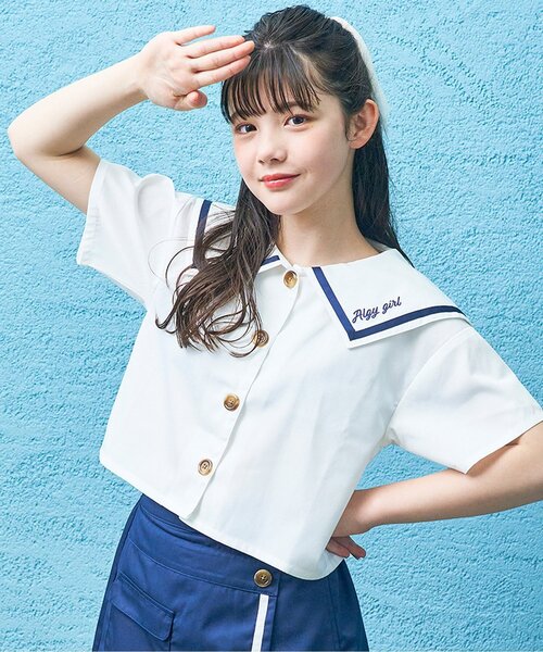 algy（アルジー）の「セーラーブラウス（シャツ/ブラウス・キッズ・ベージュ/オフホワイト/チェック・X-SMALL/MEDIUM/SMALL/XX-SMALL/XXX-SMALL）」の2枚目の写真