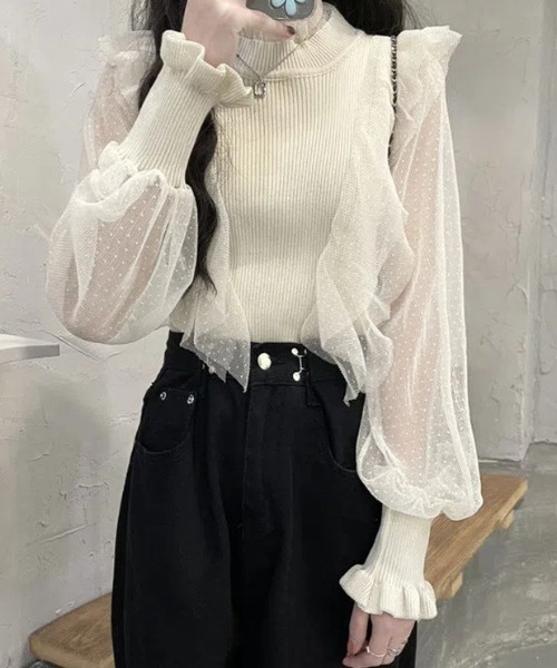 deux amour(ドゥーザムール)の「水玉ジャガードシフォン切り替えニット(その他トップス・レディース・ホワイト/ブラック/アイボリー・FREE)」の1枚目の写真