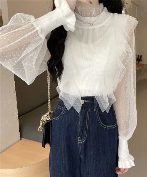deux amour(ドゥーザムール)の「水玉ジャガードシフォン切り替えニット(その他トップス・レディース・ホワイト/ブラック/アイボリー・FREE)」の7枚目の写真