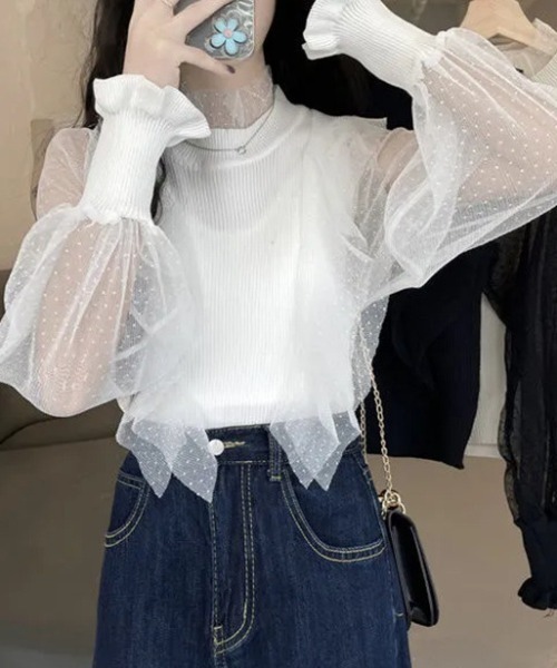 deux amour(ドゥーザムール)の「水玉ジャガードシフォン切り替えニット(その他トップス・レディース・ホワイト/ブラック/アイボリー・FREE)」の4枚目の写真