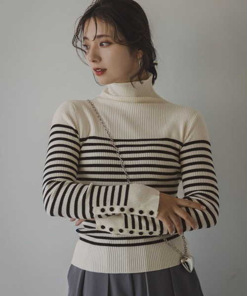 rectangle（レクタングル）の「ボーダーリブタートルニット（ニット/セーター・レディース・ブラック/オフホワイト・FREE）」の4枚目の写真