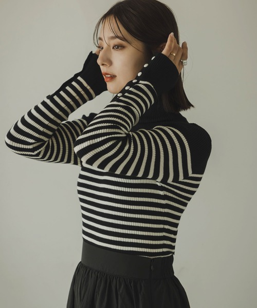rectangle（レクタングル）の「ボーダーリブタートルニット（ニット/セーター・レディース・ブラック/オフホワイト・FREE）」の15枚目の写真
