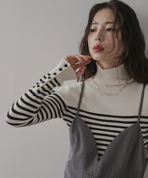 セール】ボーダーリブタートルニット（ニット/セーター