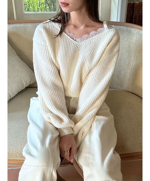 dazzlin（ダズリン）の「レースレイヤードオーバーニットトップス（ニット/セーター・レディース・ベビーピンク/チャコールグレー/ブルー/ベージュ/オフホワイト/ピンク・FREE）」の15枚目の写真