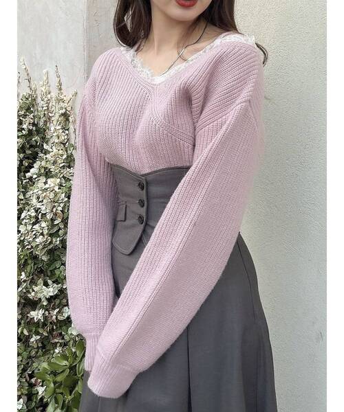 dazzlin（ダズリン）の「レースレイヤードオーバーニットトップス（ニット/セーター・レディース・ベビーピンク/チャコールグレー/ブルー/ベージュ/オフホワイト/ピンク・FREE）」の6枚目の写真