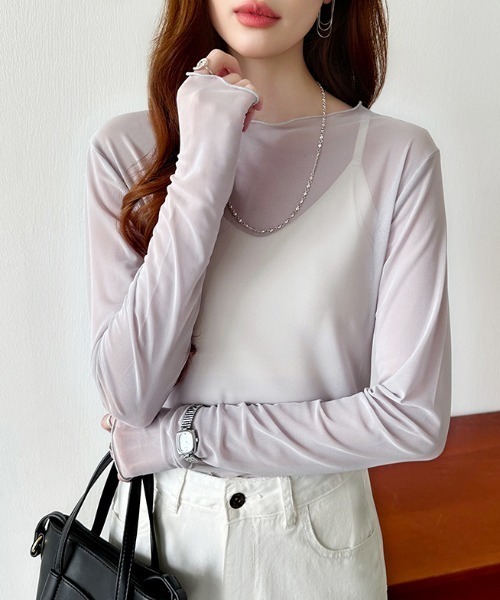 COCOMOMO（ココモモ）の「一枚でも重ねても。上品な肌見せシアー シアートップス カットソー メローデザイン シースルー シアー トップス レイヤードトップス インナー オケージョン 長袖 春服 夏服 秋服 冬服（Tシャツ/カットソー・レディース・ホワイト系その他/ブラウン系その他/ブラック系その他/グレー系その他/ベージュ系その他/ホワイト/ブラック/ベージュ/イエロー/グリーン/パープル系その他/レッド系その他/パープル系その他2/グリーン系その他/ブルー系その他/ブルー系その他2/オレンジ系その他/ダークブルー/ライトグレー系/ピンク系/ブラウン系・FREE）」の6枚目の写真