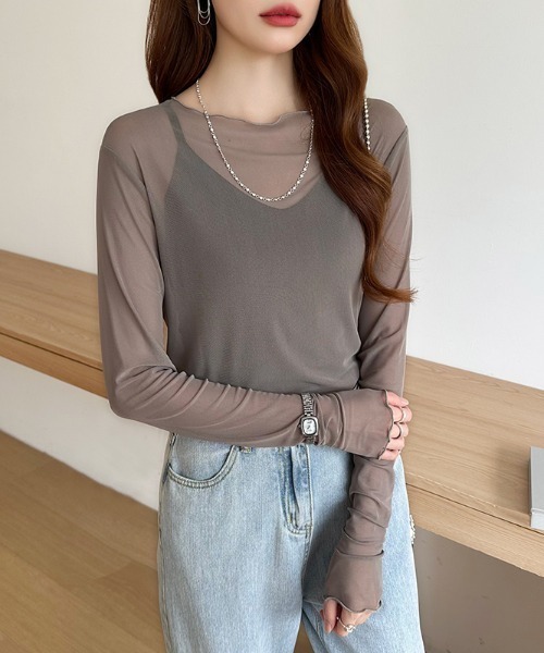 COCOMOMO（ココモモ）の「一枚でも重ねても。上品な肌見せシアー シアートップス カットソー メローデザイン シースルー シアー トップス レイヤードトップス インナー オケージョン 長袖 春服 夏服 秋服 冬服（Tシャツ/カットソー・レディース・ホワイト系その他/ブラウン系その他/ブラック系その他/グレー系その他/ベージュ系その他/ホワイト/ブラック/ベージュ/イエロー/グリーン/パープル系その他/レッド系その他/パープル系その他2/グリーン系その他/ブルー系その他/ブルー系その他2/オレンジ系その他/ダークブルー/ライトグレー系/ピンク系/ブラウン系・FREE）」の8枚目の写真