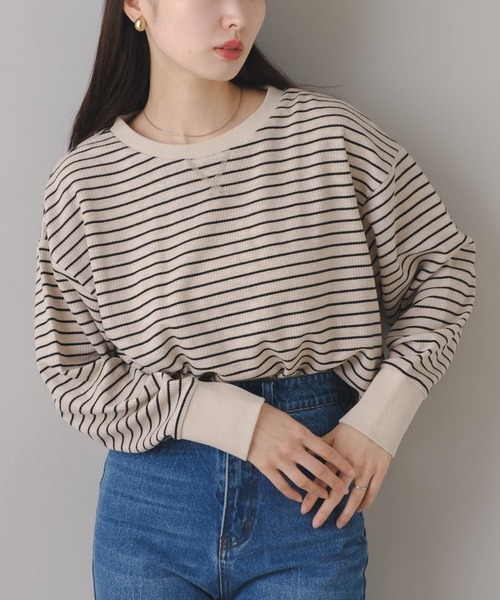 Kastane（カスタネ）の「B ワッフルボーダープルオーバー（Tシャツ/カットソー・レディース・ブラック/ベージュ/オフホワイト・FREE）」の3枚目の写真