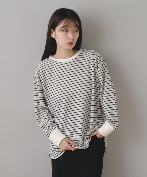 Kastane（カスタネ）の「B ワッフルボーダープルオーバー（Tシャツ/カットソー・レディース・ブラック/ベージュ/オフホワイト・FREE）」の5枚目の写真