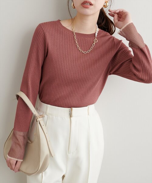 natural couture（ナチュラルクチュール）の「袖口シアーリブニット（ニット/セーター・レディース・ピンク系その他/グレイッシュベージュ/アイボリー/ブラック/ブルー系その他・FREE）」の5枚目の写真