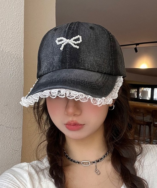 NANEA（ナネア）の「ビーズリボン　レース付きデニムキャップ（キャップ・レディース・ネイビー/ブラック/ブルー・フリー）」の10枚目の写真