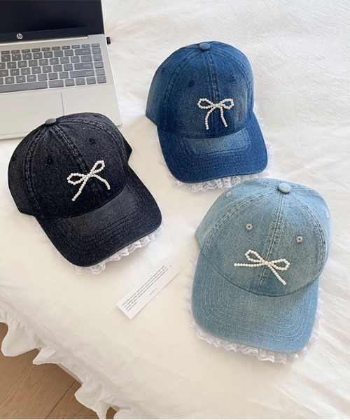 NANEA（ナネア）の「ビーズリボン　レース付きデニムキャップ（キャップ・レディース・ネイビー/ブラック/ブルー・フリー）」の4枚目の写真