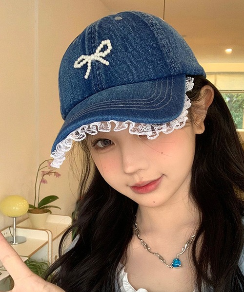 NANEA（ナネア）の「ビーズリボン　レース付きデニムキャップ（キャップ・レディース・ネイビー/ブラック/ブルー・フリー）」の18枚目の写真