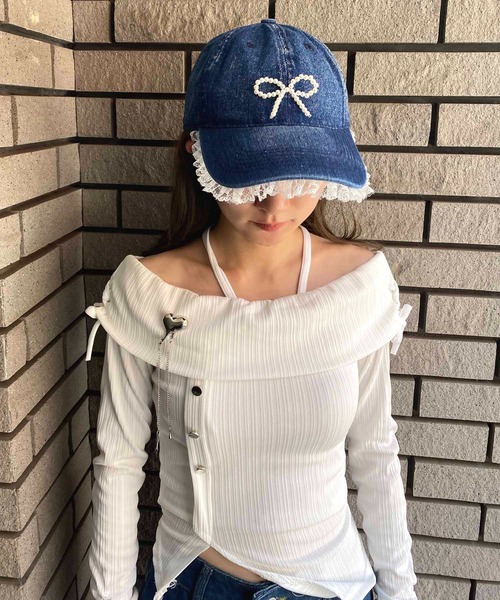 NANEA（ナネア）の「ビーズリボン　レース付きデニムキャップ（キャップ・レディース・ネイビー/ブラック/ブルー・フリー）」の14枚目の写真