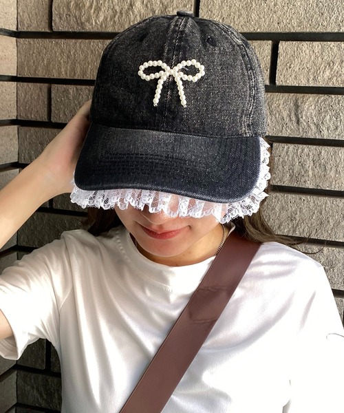 セール】ビーズリボン レース付きデニムキャップ（キャップ）｜NANEA