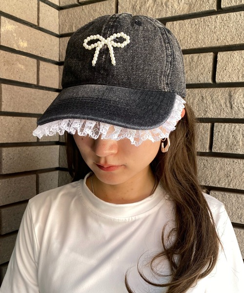 NANEA（ナネア）の「ビーズリボン　レース付きデニムキャップ（キャップ・レディース・ネイビー/ブラック/ブルー・フリー）」の5枚目の写真