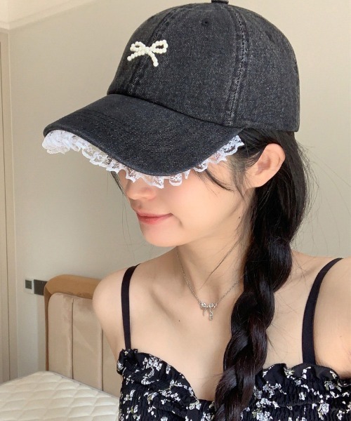 NANEA（ナネア）の「ビーズリボン　レース付きデニムキャップ（キャップ・レディース・ネイビー/ブラック/ブルー・フリー）」の11枚目の写真