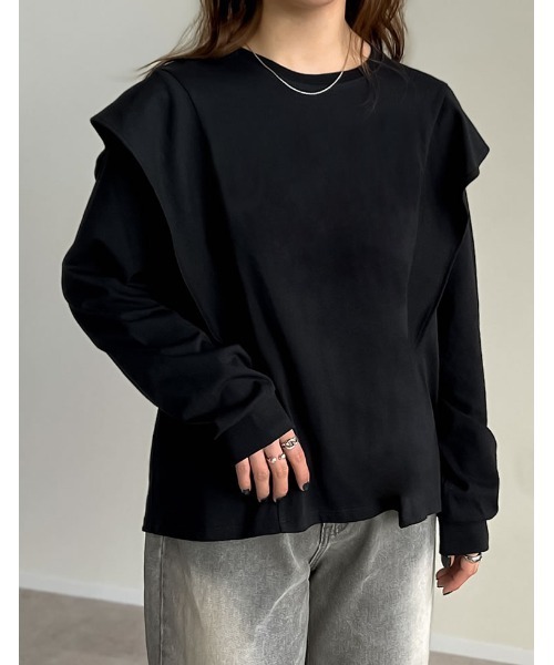 Re:EDIT（リエディ）の「[UVカット][接触冷感]ラッフルショルダーロングスリーブＴシャツ（Tシャツ/カットソー・レディース・ホワイト/ブラック・MEDIUM/LARGE）」の13枚目の写真