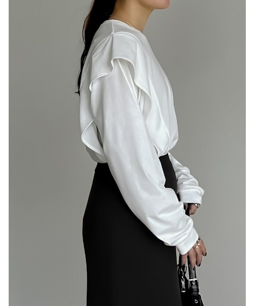 Re:EDIT（リエディ）の「[UVカット][接触冷感]ラッフルショルダーロングスリーブＴシャツ（Tシャツ/カットソー・レディース・ホワイト/ブラック・MEDIUM/LARGE）」の16枚目の写真