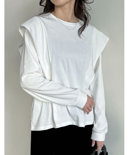 Re:EDIT（リエディ）の「[UVカット][接触冷感]ラッフルショルダーロングスリーブＴシャツ（Tシャツ/カットソー・レディース・ホワイト/ブラック・MEDIUM/LARGE）」の7枚目の写真