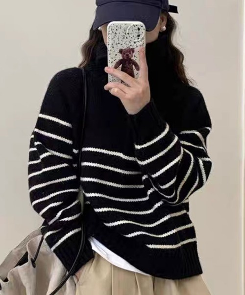 【SALE】ボーダーハーフジップニット