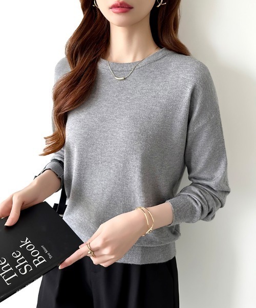 COCOMOMO（ココモモ）の「オンオフ着回せるきれいめニット クルーネックニット 長袖 ヤク風ニット ニット トップス オフィスカジュアル ジャケット合わせ 春服 秋服 冬服（ニット/セーター・レディース・ピンク/レッド/ホワイト/イエロー系/ネイビー/ベージュ/ライトブラウン/ブラック/テラコッタ/グリーン/グレー/ブラウン/パープル・FREE）」の3枚目の写真