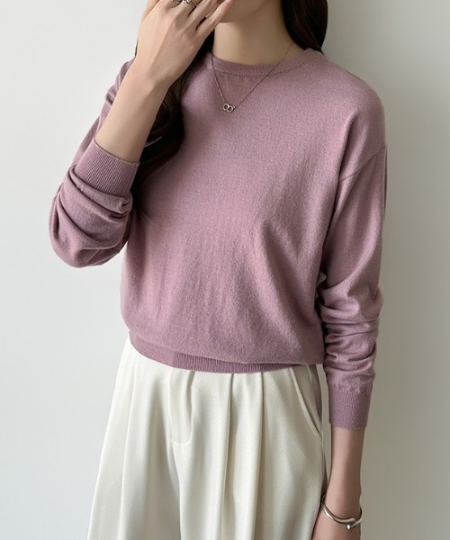 COCOMOMO（ココモモ）の「オンオフ着回せるきれいめニット クルーネックニット 長袖 ヤク風ニット ニット トップス オフィスカジュアル ジャケット合わせ 春服 秋服 冬服（ニット/セーター・レディース・ピンク/レッド/ホワイト/イエロー系/ネイビー/ベージュ/ライトブラウン/ブラック/テラコッタ/グリーン/グレー/ブラウン/パープル・FREE）」の18枚目の写真