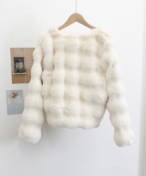 Miniministore(ミニミニストア)の「エコファーコートショートファージャケット(ノーカラーコート・レディース・アイボリー/ブラック・FREE)」の20枚目の写真