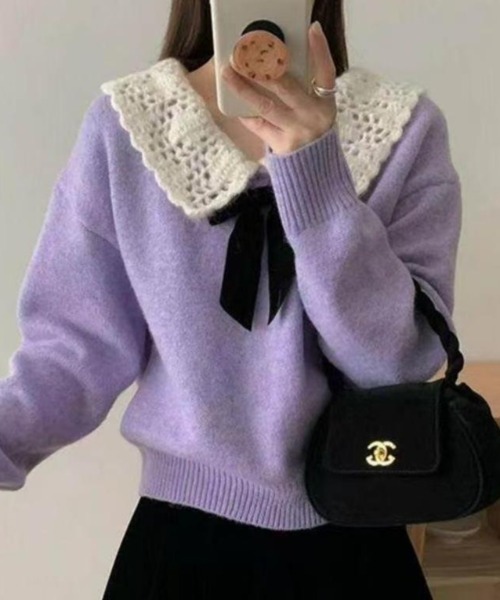 セール】リボン＆襟付きガーリーニット（ニット/セーター）｜GEMEDA