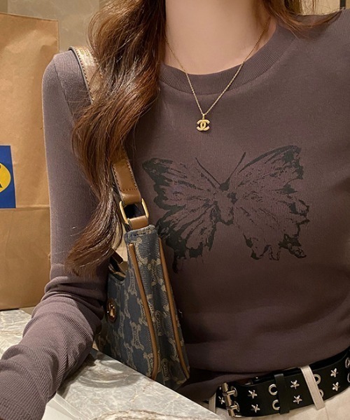 SHEPP(シープ)の「バタフライプリントピチタイトロンT(Tシャツ/カットソー・レディース・ホワイト/ダークグレー/ブラック/カーキ/グレー・M/L)」の12枚目の写真
