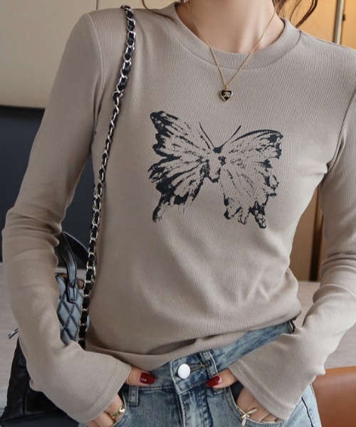 SHEPP(シープ)の「バタフライプリントピチタイトロンT(Tシャツ/カットソー・レディース・ホワイト/ダークグレー/ブラック/カーキ/グレー・M/L)」の16枚目の写真