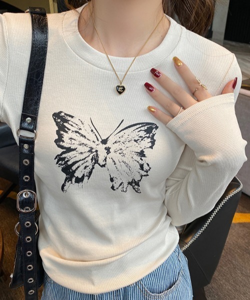 SHEPP(シープ)の「バタフライプリントピチタイトロンT(Tシャツ/カットソー・レディース・ホワイト/ダークグレー/ブラック/カーキ/グレー・M/L)」の6枚目の写真