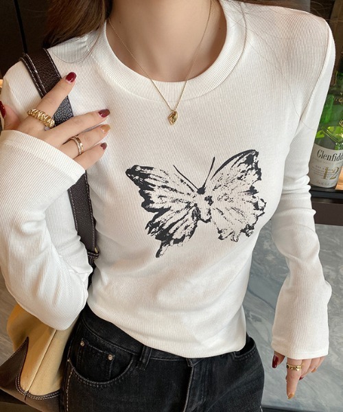 SHEPP(シープ)の「バタフライプリントピチタイトロンT(Tシャツ/カットソー・レディース・ホワイト/ダークグレー/ブラック/カーキ/グレー・M/L)」の18枚目の写真
