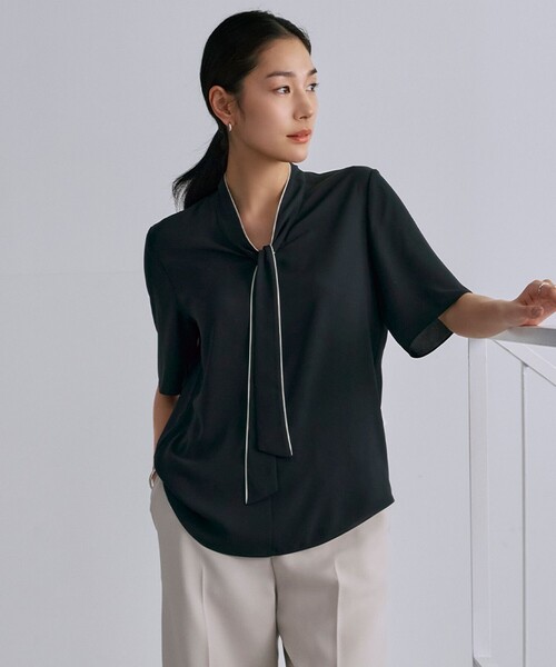 定番のお歳暮 BackSatinAmunzen 5分袖配色ボウタイブラウス（シャツ/ブラウス トップス