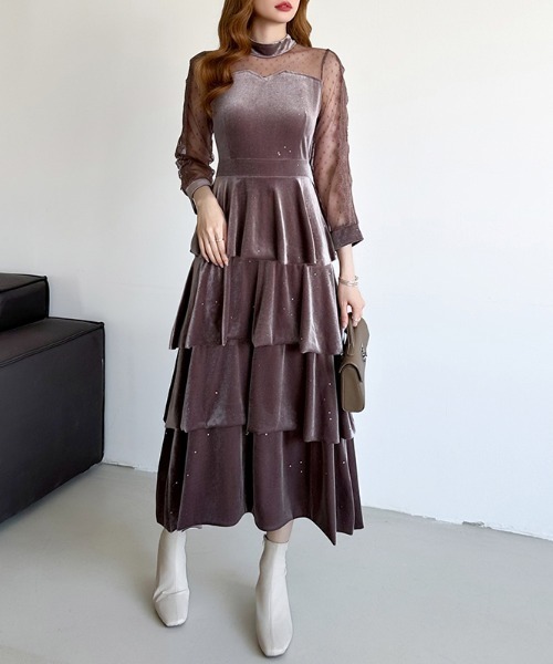 美品 ハウスオブロータス ティアード ベロア ワンピース ロング ブラウン M セール】煌めくラメとベロアのグロウドレス ベロアパーティードレス