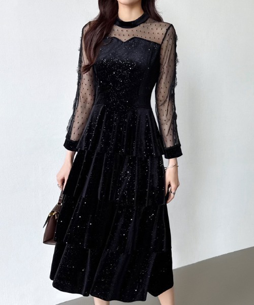 セール】【カラー×サイズ展開あり】 ベロアワンピース ラメ