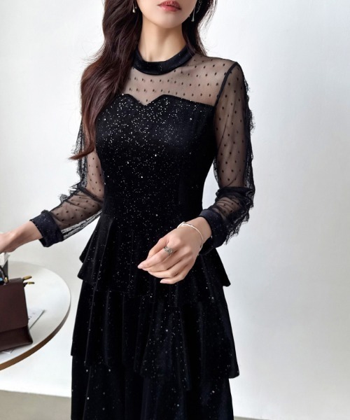 パーティードレス ベロア ロング シアー ラメ ワンピース セール】【サイズ展開あり】 シアースリーブ 刺繍レース付き