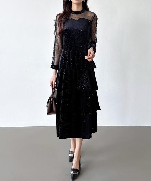 セール】煌めくラメとベロアのグロウドレス ベロアパーティードレス