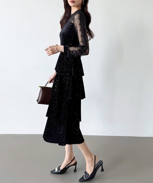 セール】煌めくラメとベロアのグロウドレス ベロアパーティードレス