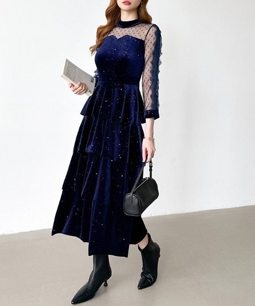 セール】煌めくラメとベロアのグロウドレス ベロアワンピース ラメ