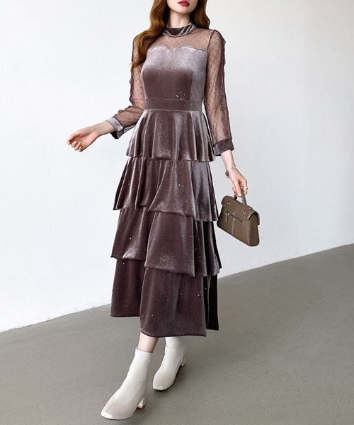 セール】煌めくラメとベロアのグロウドレス ベロアパーティードレス