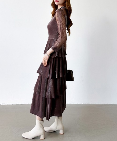 セール】煌めくラメとベロアのグロウドレス ベロアパーティードレス