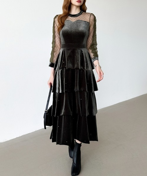 ゴージャスチュールラメ 2Way オフショルダー ベロア切り替え バースデー セール】煌めくラメとベロアのグロウドレス ベロアワンピース ラメ