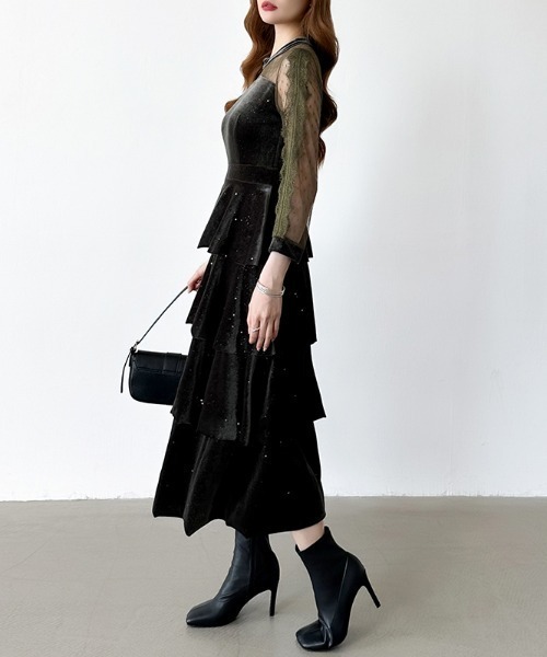 ゴージャスチュールラメ 2Way オフショルダー ベロア切り替え バースデー セール】煌めくラメとベロアのグロウドレス ベロアワンピース ラメ