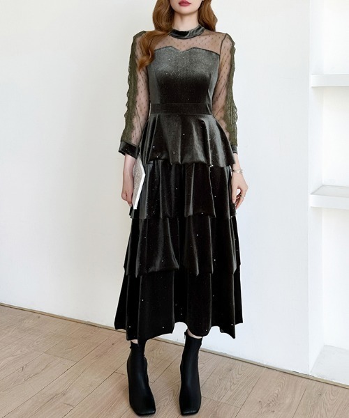 セール】煌めくラメとベロアのグロウドレス ベロアパーティードレス