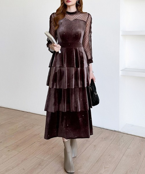 セール】煌めくラメとベロアのグロウドレス ベロアパーティードレス