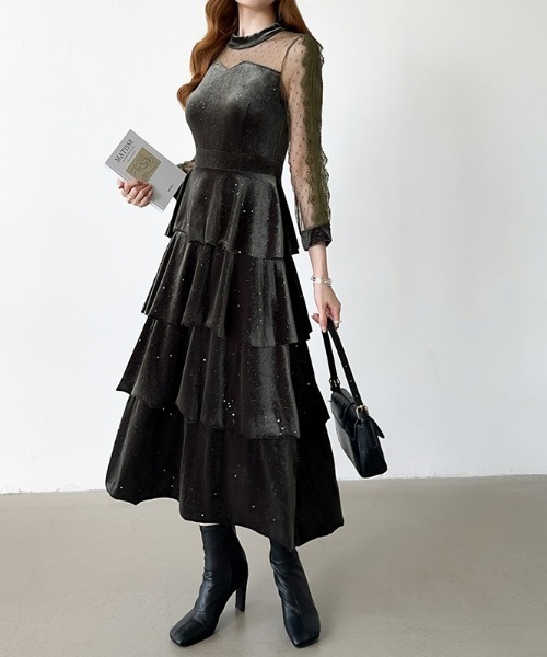 セール】煌めくラメとベロアのグロウドレス ベロアパーティードレス