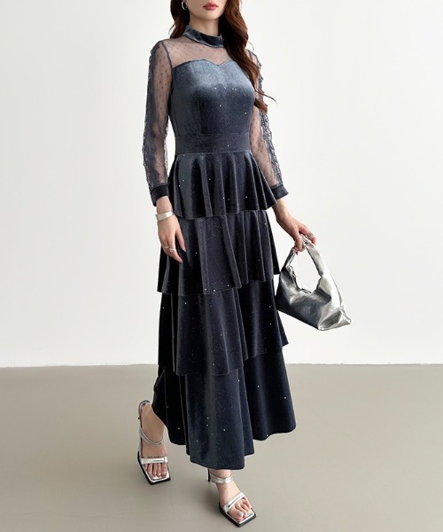 B1500★美品★コサージュ付♪黒/ベロア/ワンピース/スタンダードドレス☆社交 ラテンドレスワンピース 黒ベロア 社交ダンス