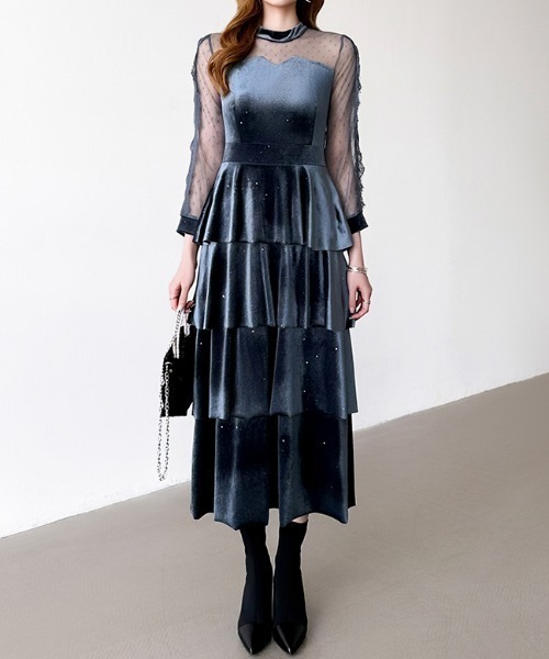 セール】煌めくラメとベロアのグロウドレス ベロアパーティードレス