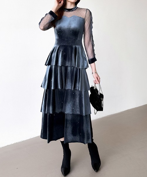 セール】煌めくラメとベロアのグロウドレス ベロアパーティードレス